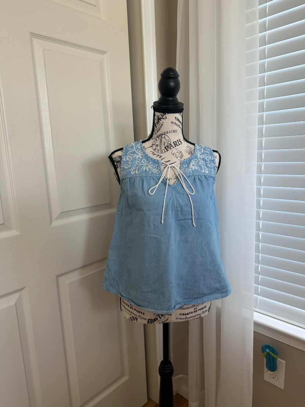 Chambray Tank Top with White Embroidery